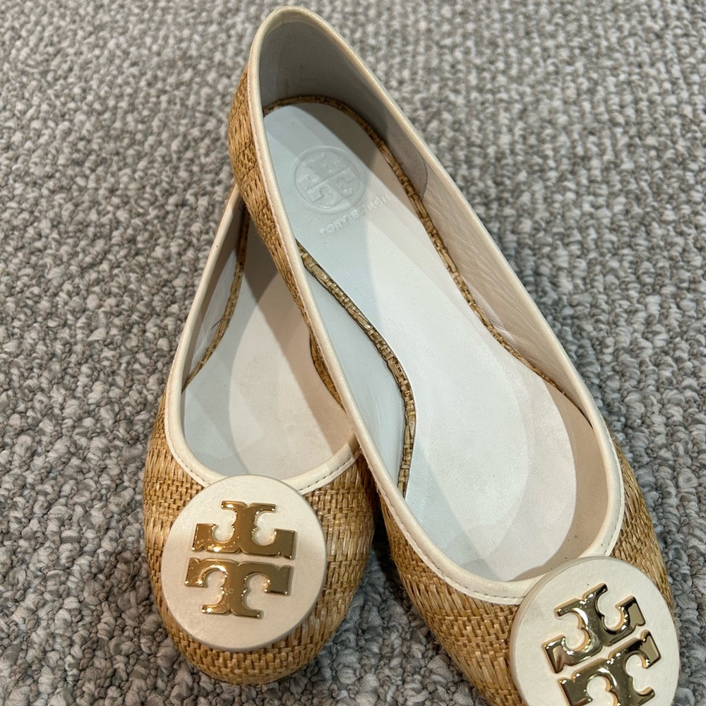 Tory Burch Tan and White Flats with Logo Medallion